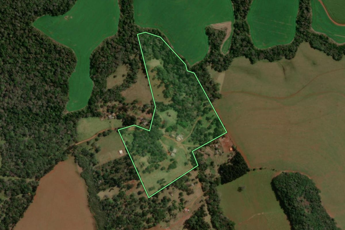 Imagem de satélite do imóvel rural em Candói (PR), com o contorno declarado no CAR desenhado por cima.