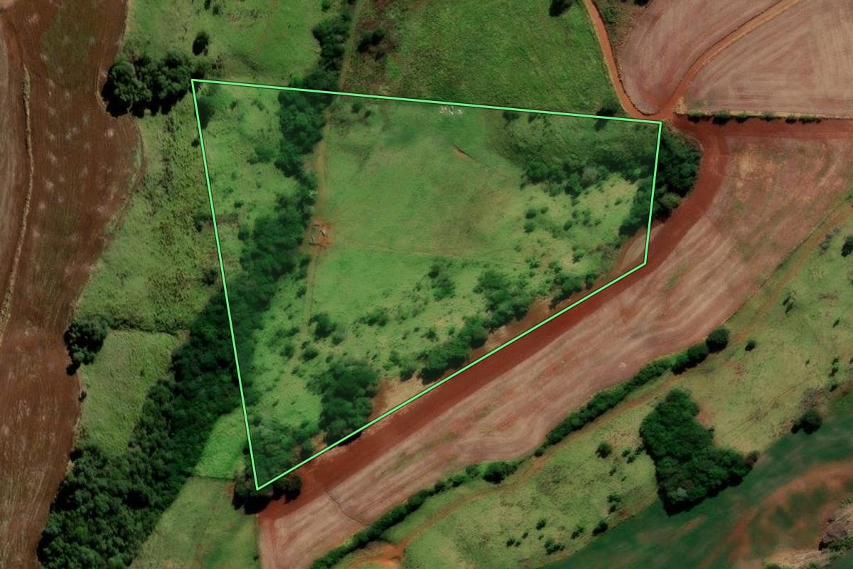 Imagem de satélite do imóvel rural em Candói (PR), com o contorno declarado no CAR desenhado por cima.