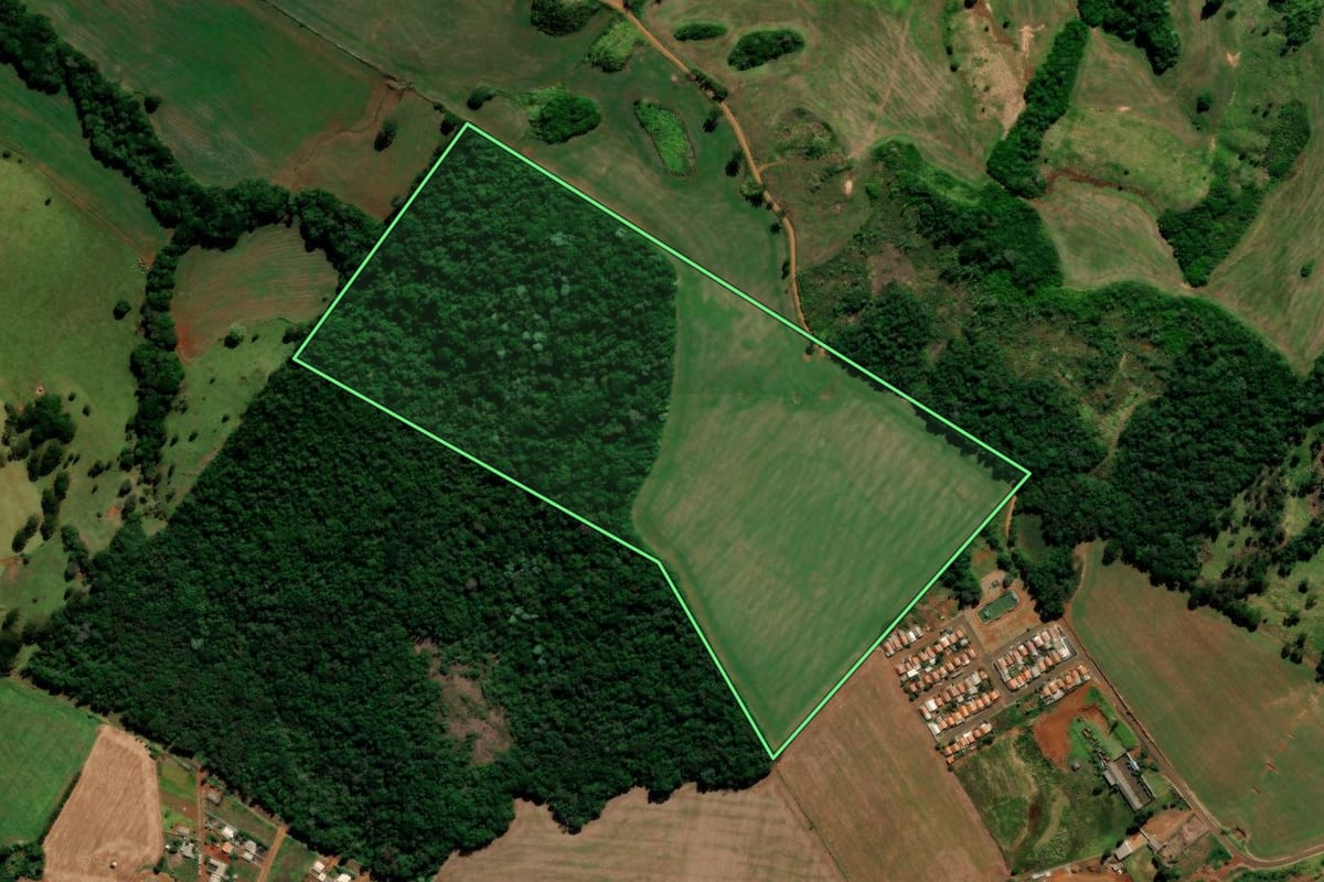 Imagem de satélite do imóvel rural em Candói (PR), com o contorno declarado no CAR desenhado por cima.
