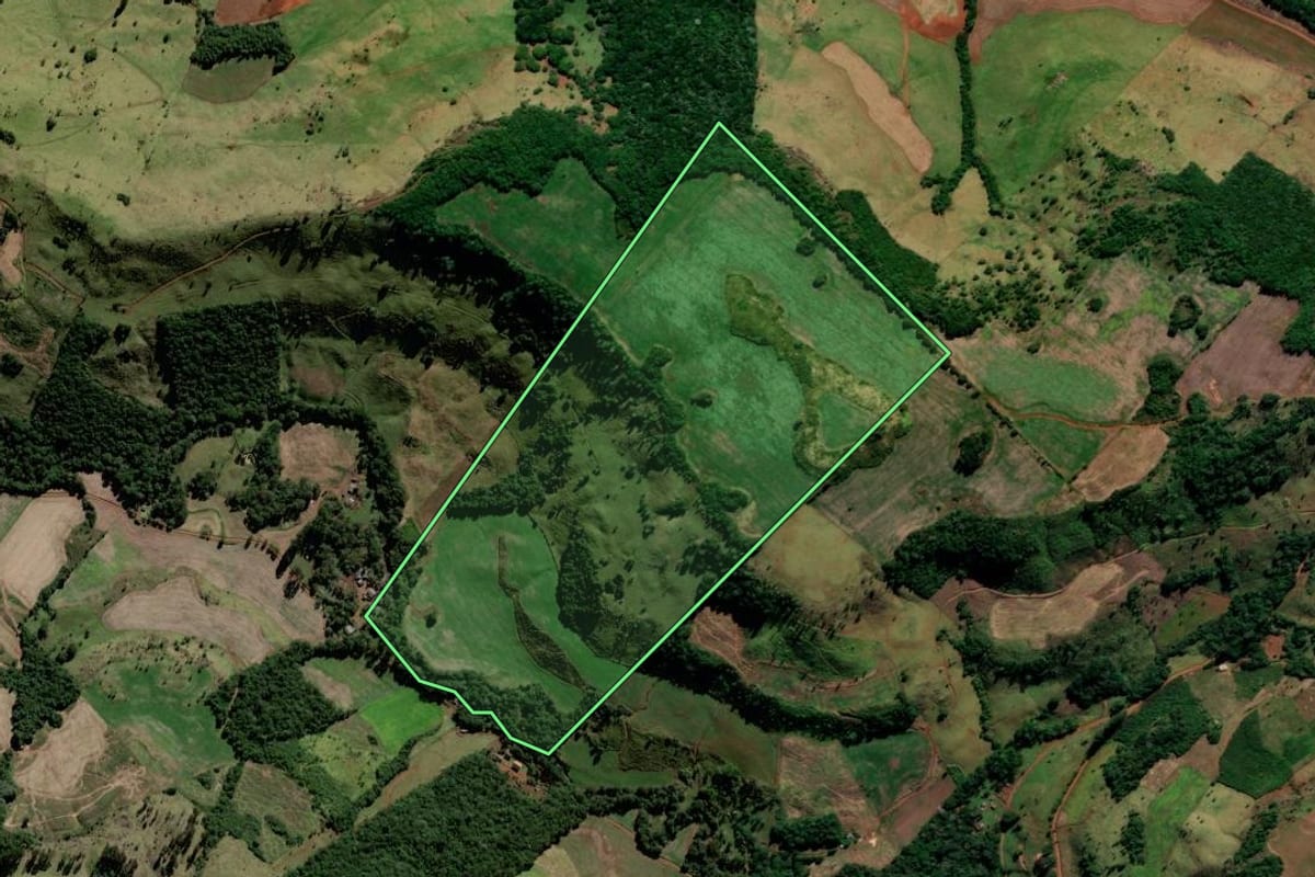 Imagem de satélite do imóvel rural em Candói (PR), com o contorno declarado no CAR desenhado por cima.