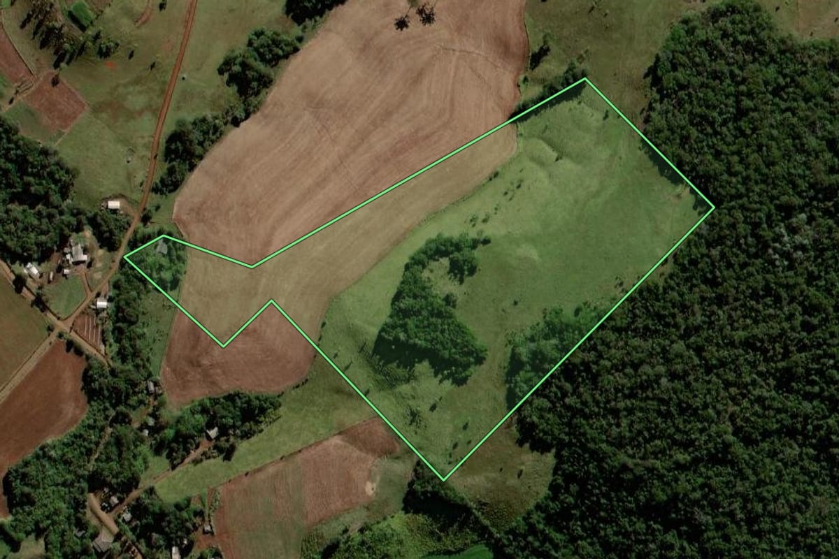 Imagem de satélite do imóvel rural em Candói (PR), com o contorno declarado no CAR desenhado por cima.