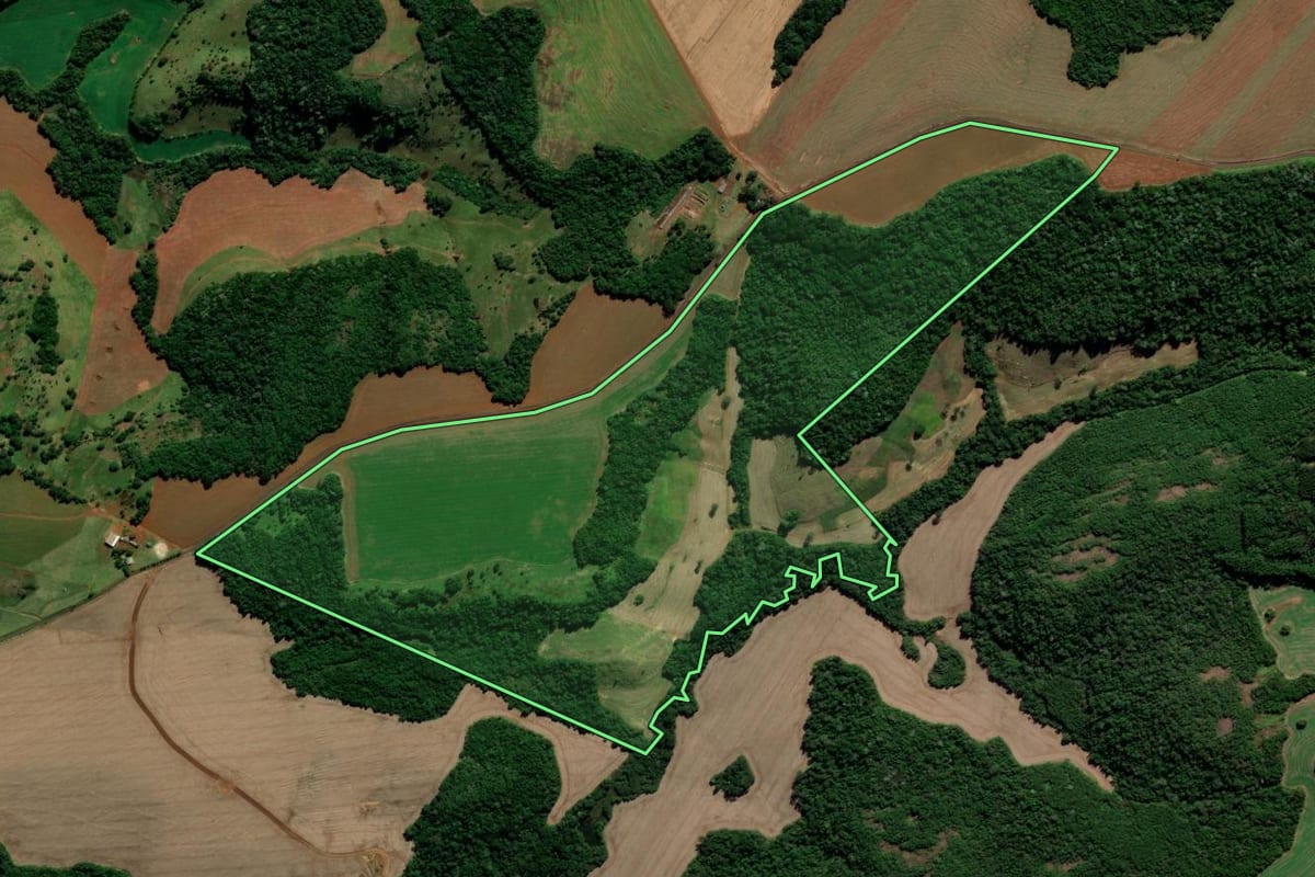 Imagem de satélite do imóvel rural em Candói (PR), com o contorno declarado no CAR desenhado por cima.