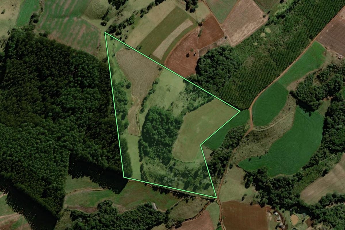 Imagem de satélite do imóvel rural em Cantagalo (PR), com o contorno declarado no CAR desenhado por cima.
