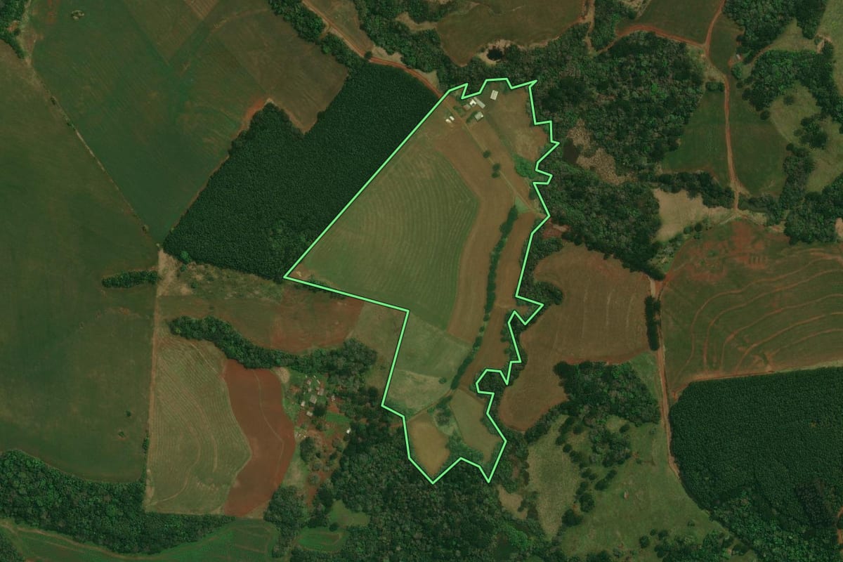 Imagem de satélite do imóvel rural em Cantagalo (PR), com o contorno declarado no CAR desenhado por cima.