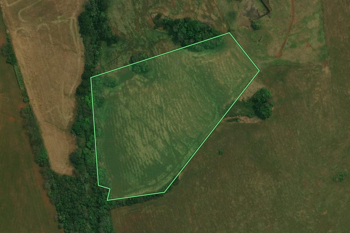 Imagem de satélite do imóvel rural em Cantagalo (PR), com o contorno declarado no CAR desenhado por cima.