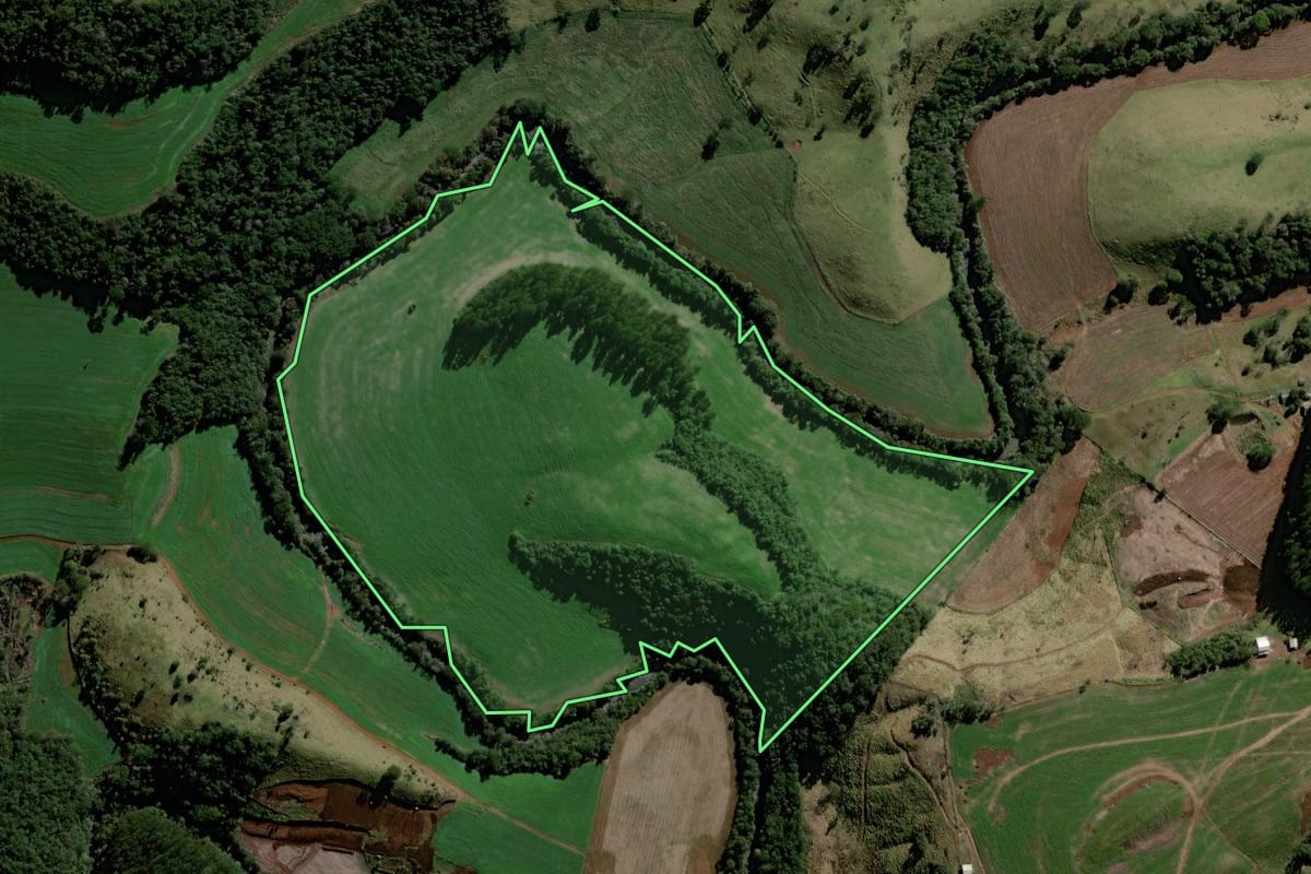 Imagem de satélite do imóvel rural em Cantagalo (PR), com o contorno declarado no CAR desenhado por cima.