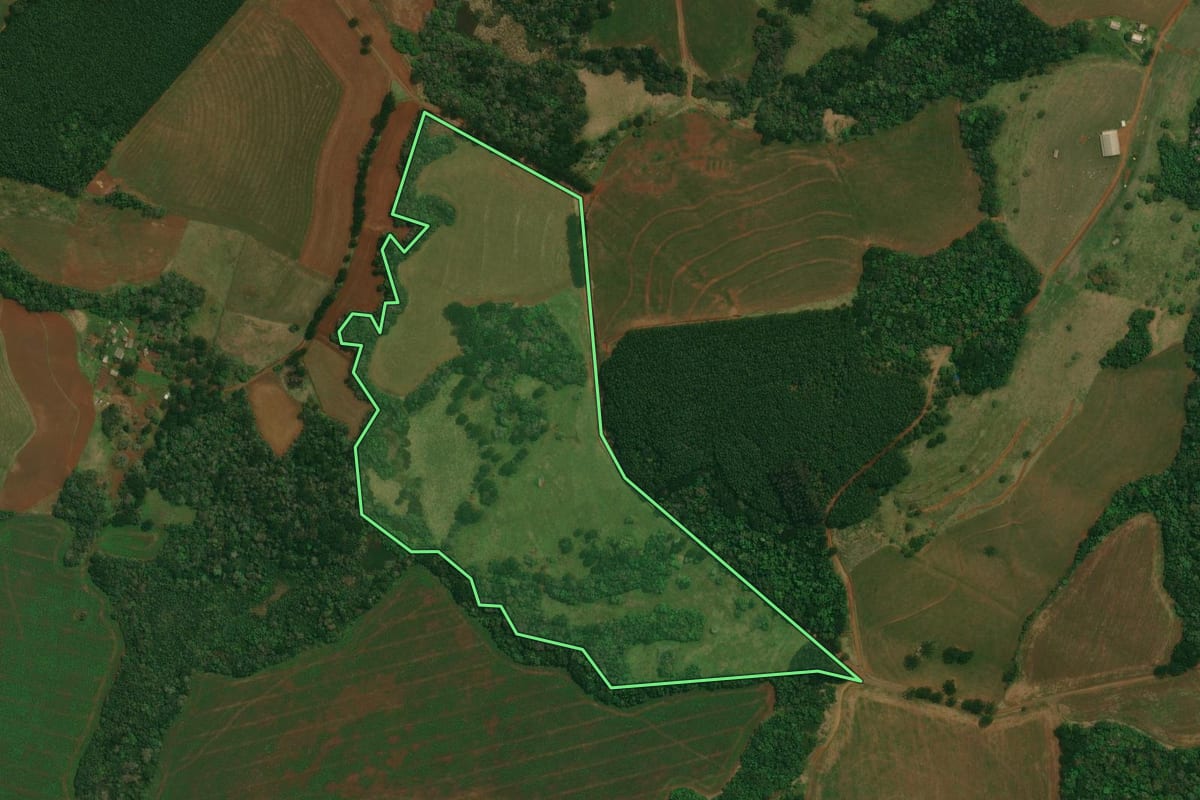 Imagem de satélite do imóvel rural em Cantagalo (PR), com o contorno declarado no CAR desenhado por cima.