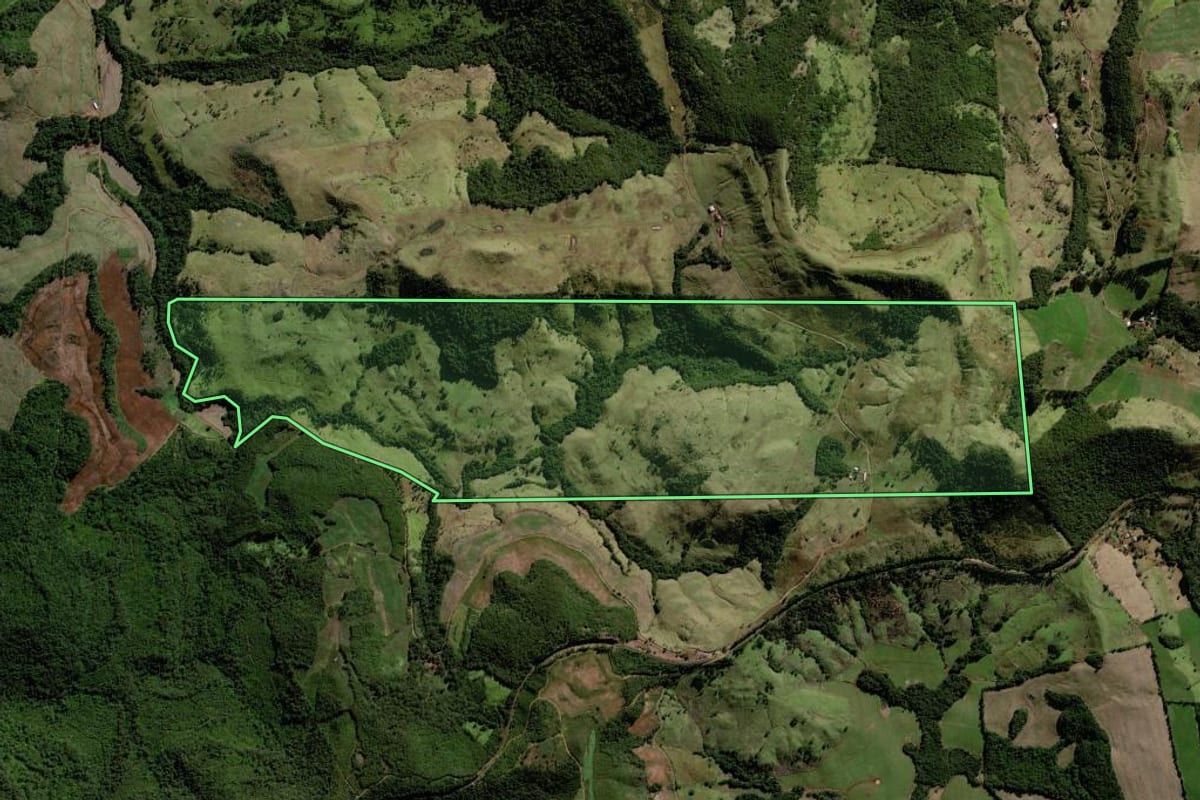 Imagem de satélite do imóvel rural em Cantagalo (PR), com o contorno declarado no CAR desenhado por cima.
