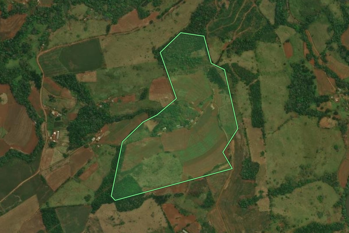 Imagem de satélite do imóvel rural em Cantagalo (PR), com o contorno declarado no CAR desenhado por cima.