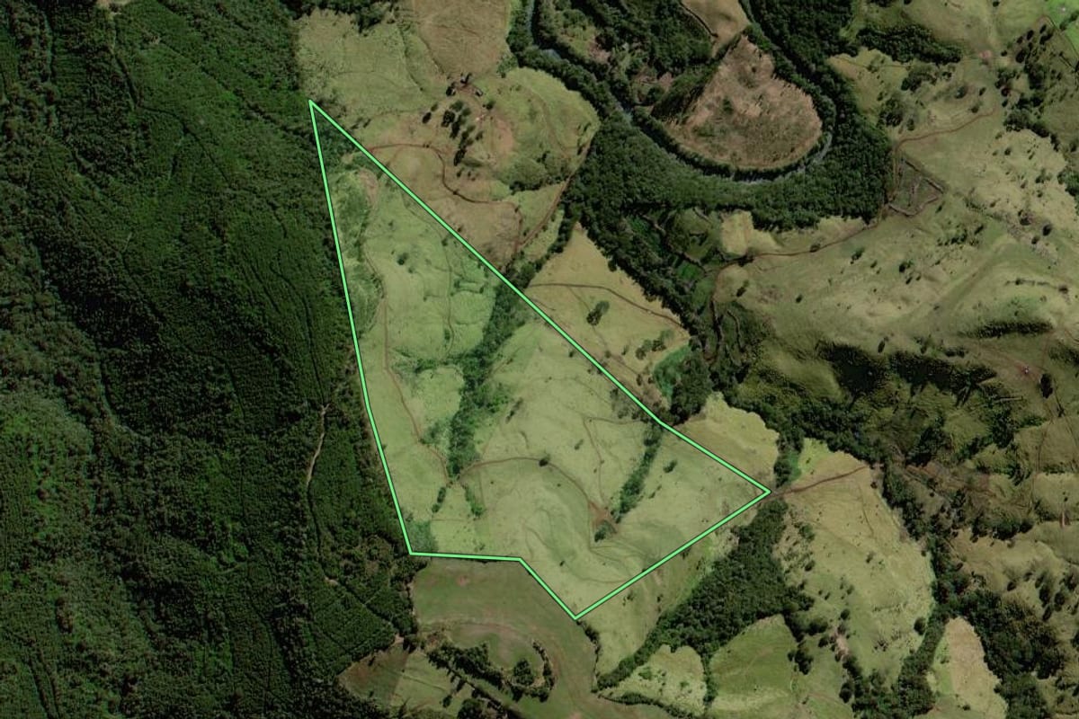 Imagem de satélite do imóvel rural em Cantagalo (PR), com o contorno declarado no CAR desenhado por cima.