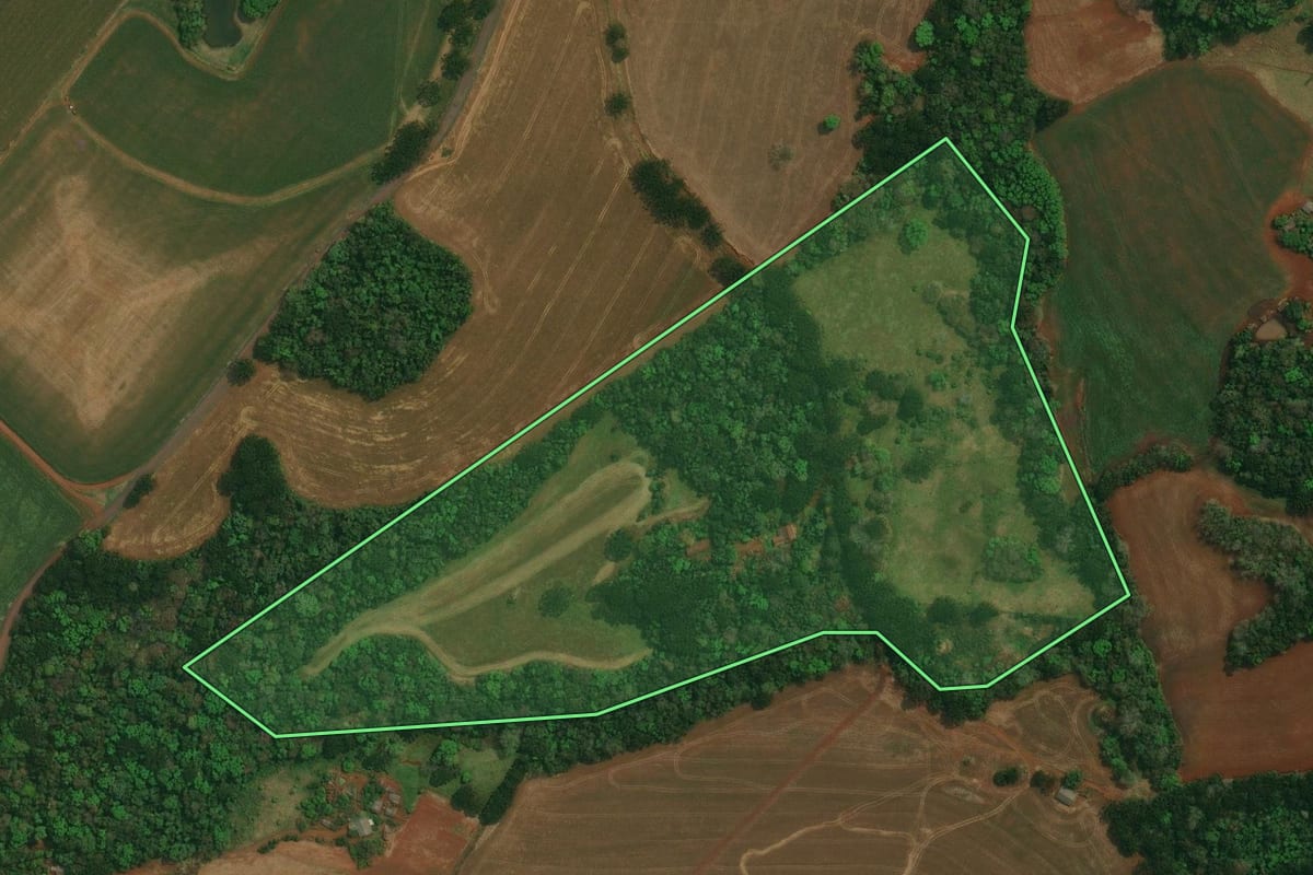 Imagem de satélite do imóvel rural em Cantagalo (PR), com o contorno declarado no CAR desenhado por cima.