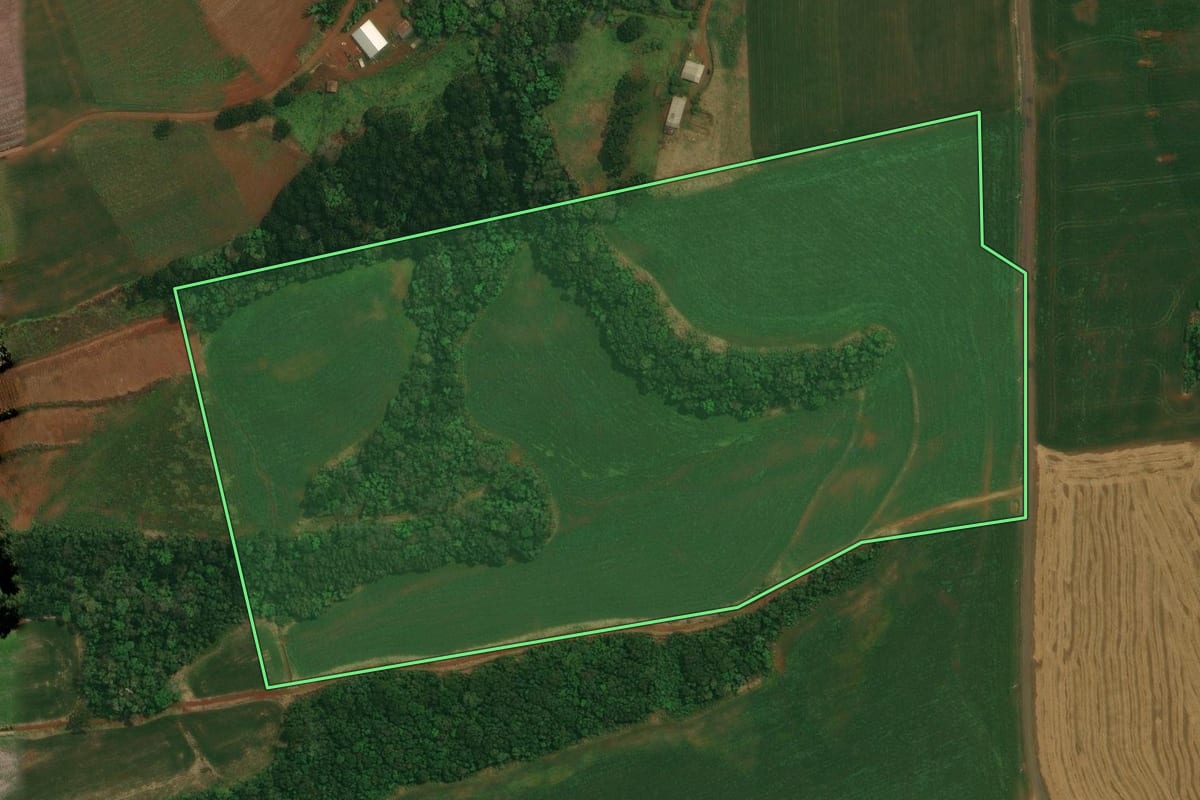 Imagem de satélite do imóvel rural em Cantagalo (PR), com o contorno declarado no CAR desenhado por cima.