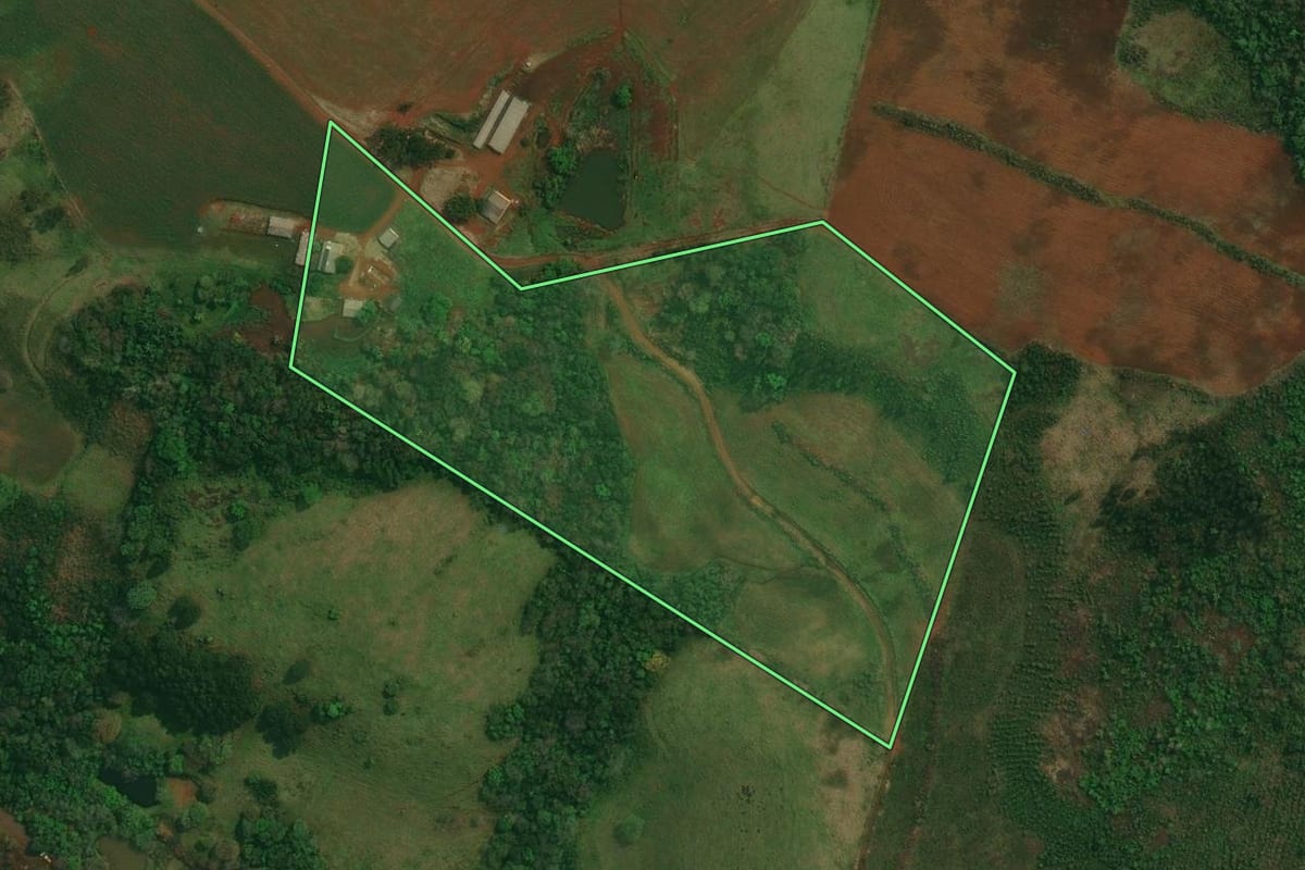 Imagem de satélite do imóvel rural em Cantagalo (PR), com o contorno declarado no CAR desenhado por cima.