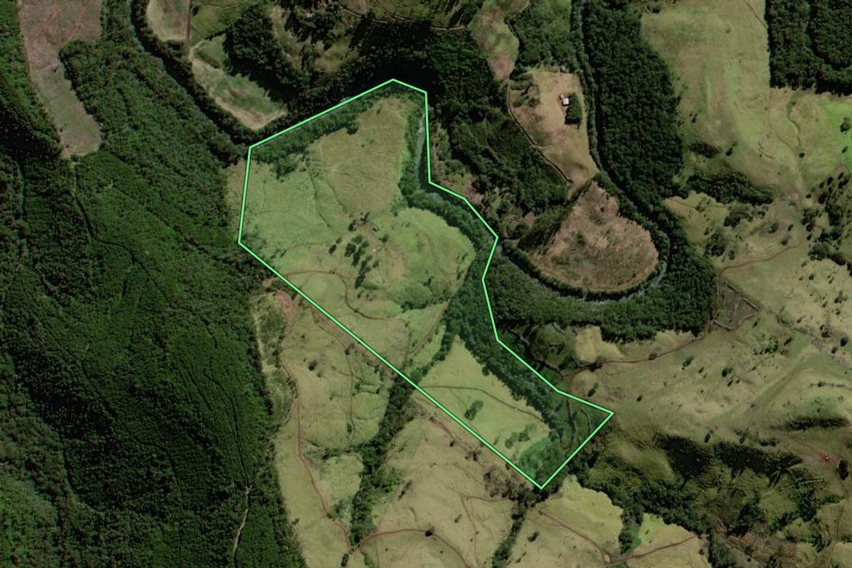 Imagem de satélite do imóvel rural em Cantagalo (PR), com o contorno declarado no CAR desenhado por cima.