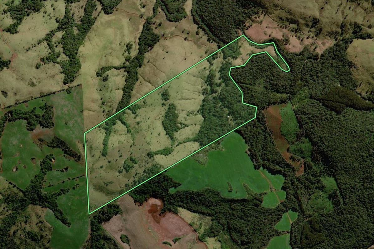Imagem de satélite do imóvel rural em Cantagalo (PR), com o contorno declarado no CAR desenhado por cima.