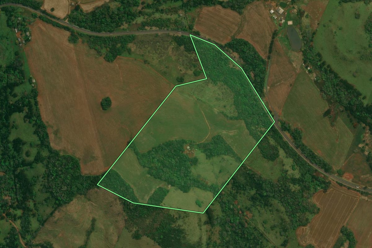 Imagem de satélite do imóvel rural em Cantagalo (PR), com o contorno declarado no CAR desenhado por cima.