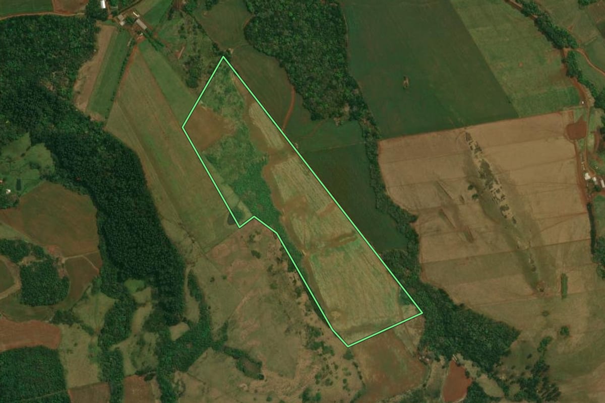 Imagem de satélite do imóvel rural em Cantagalo (PR), com o contorno declarado no CAR desenhado por cima.