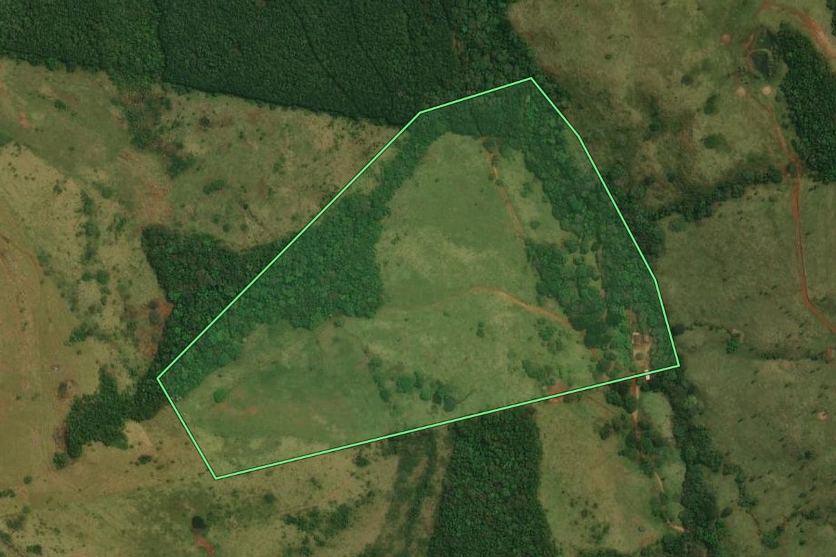 Imagem de satélite do imóvel rural em Cantagalo (PR), com o contorno declarado no CAR desenhado por cima.