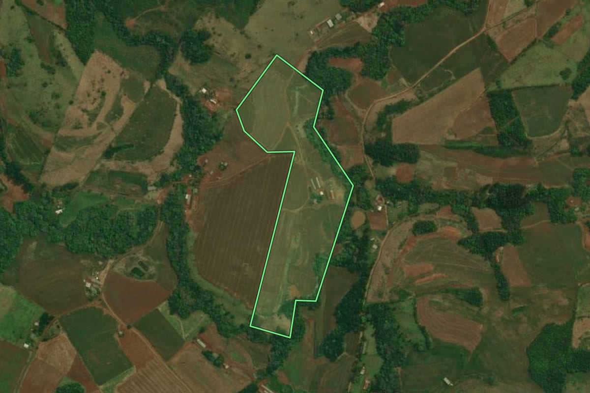 Imagem de satélite do imóvel rural em Cantagalo (PR), com o contorno declarado no CAR desenhado por cima.