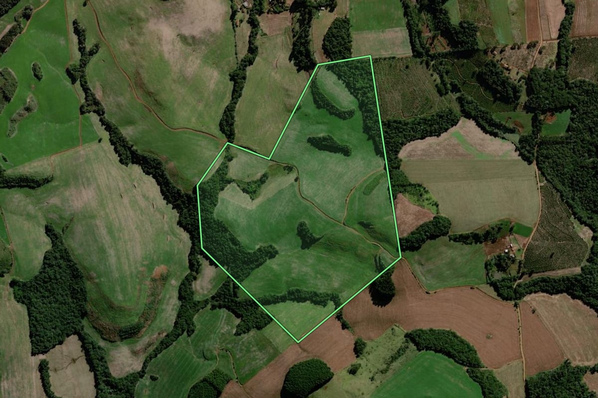 Imagem de satélite do imóvel rural em Cantagalo (PR), com o contorno declarado no CAR desenhado por cima.