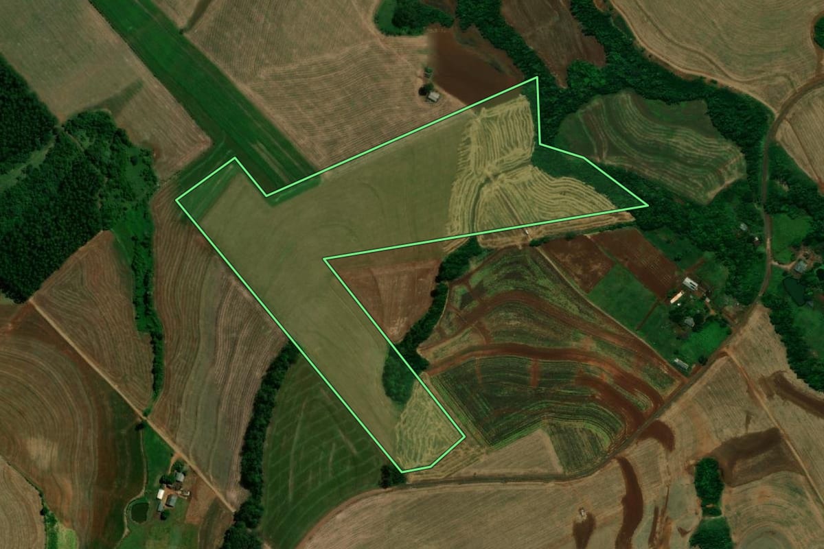 Imagem de satélite do imóvel rural em Capanema (PR), com o contorno declarado no CAR desenhado por cima.