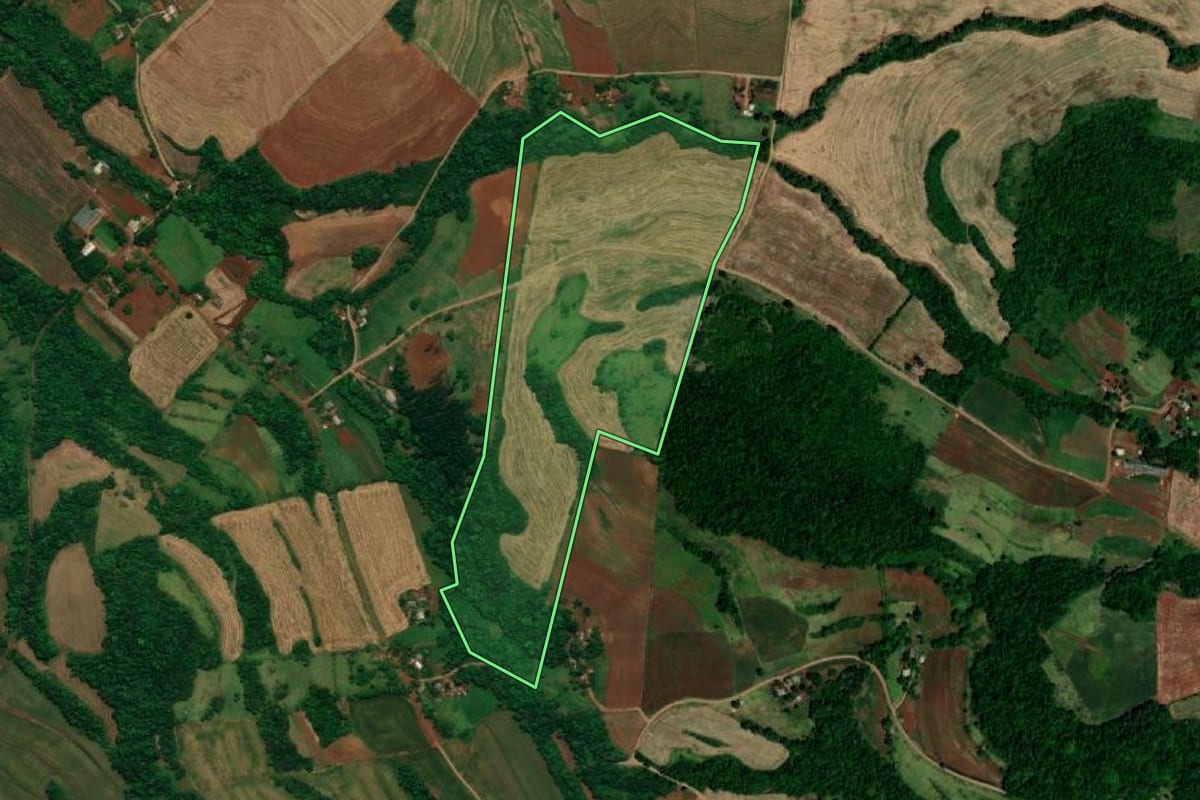 Imagem de satélite do imóvel rural em Capanema (PR), com o contorno declarado no CAR desenhado por cima.
