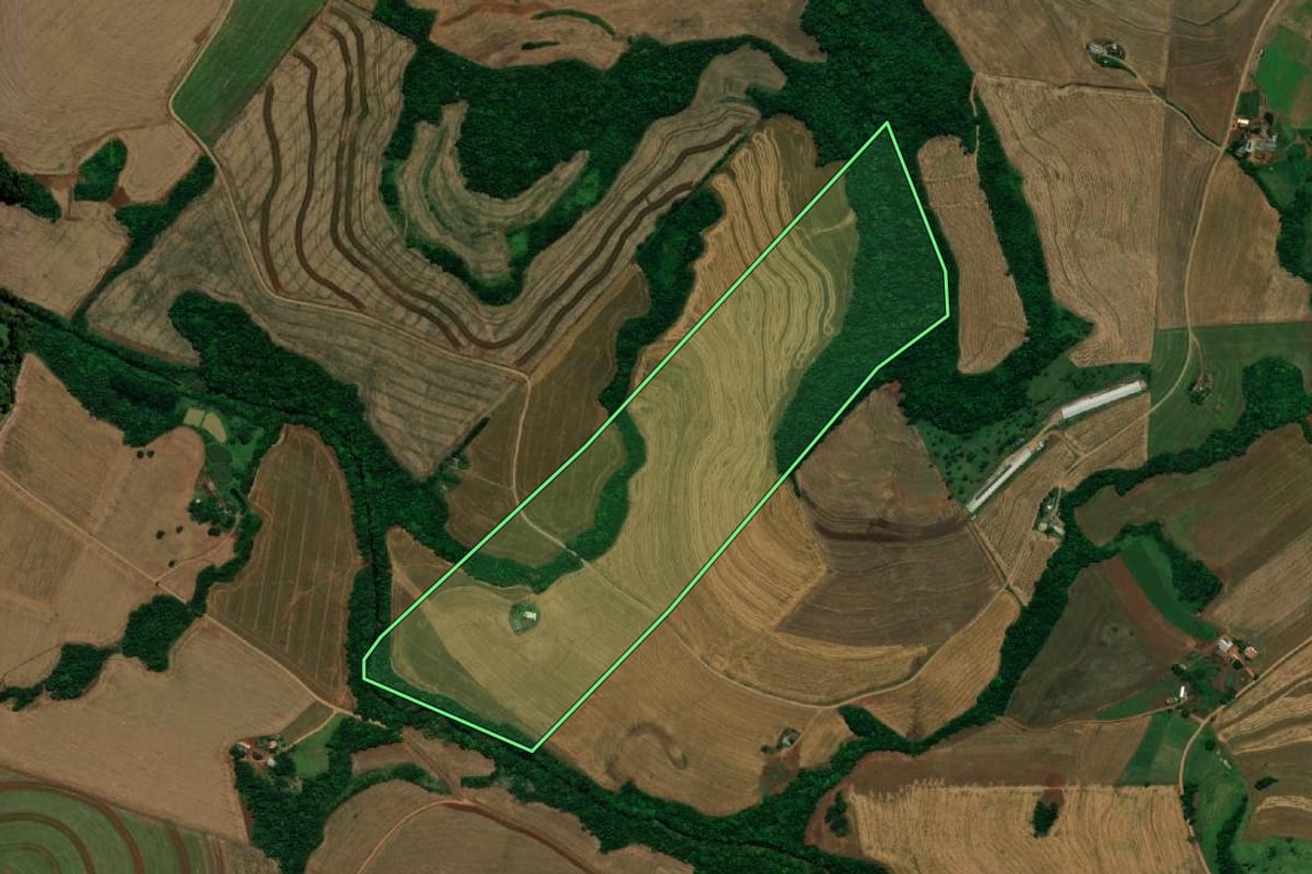 Imagem de satélite do imóvel rural em Capanema (PR), com o contorno declarado no CAR desenhado por cima.