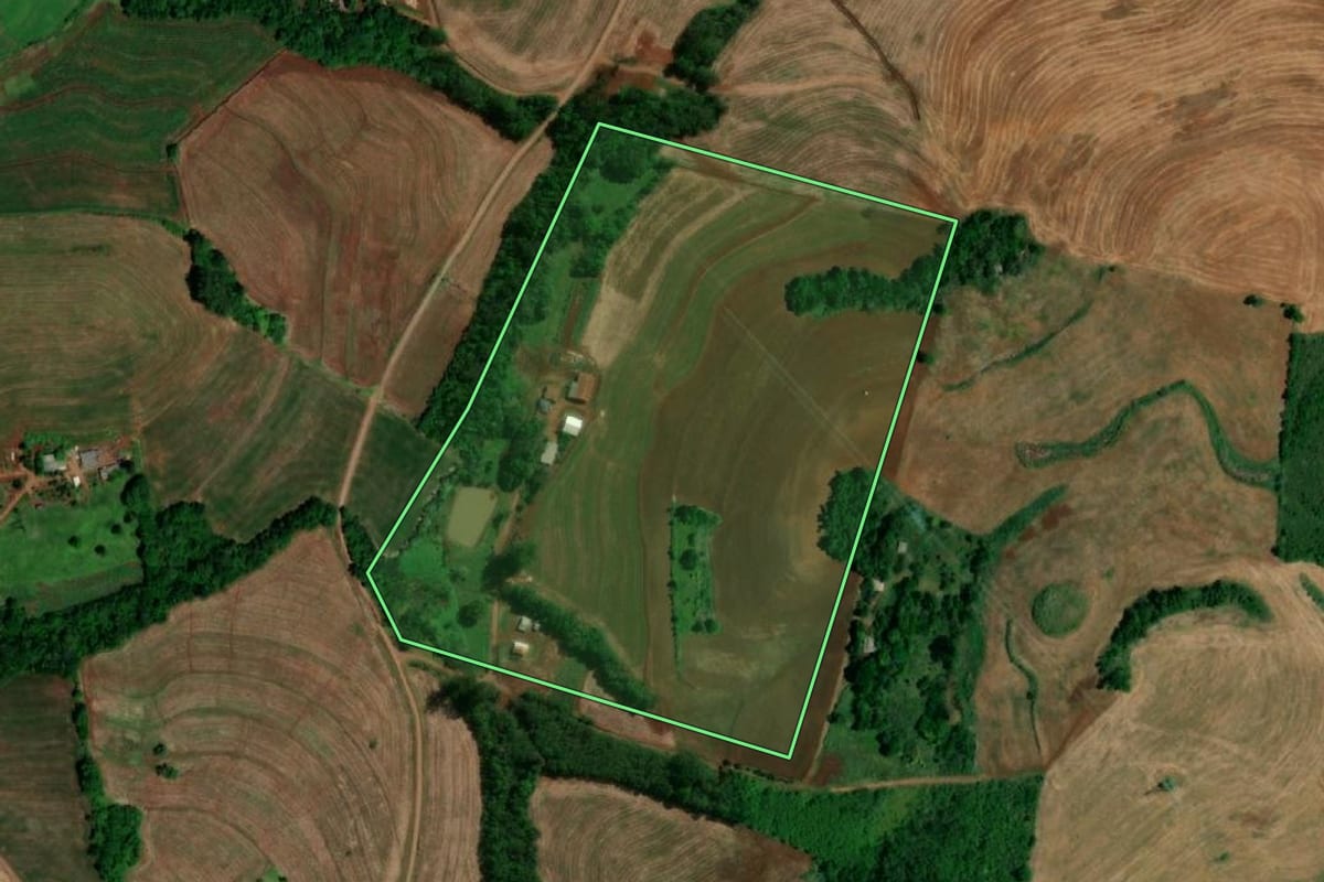 Imagem de satélite do imóvel rural em Capanema (PR), com o contorno declarado no CAR desenhado por cima.