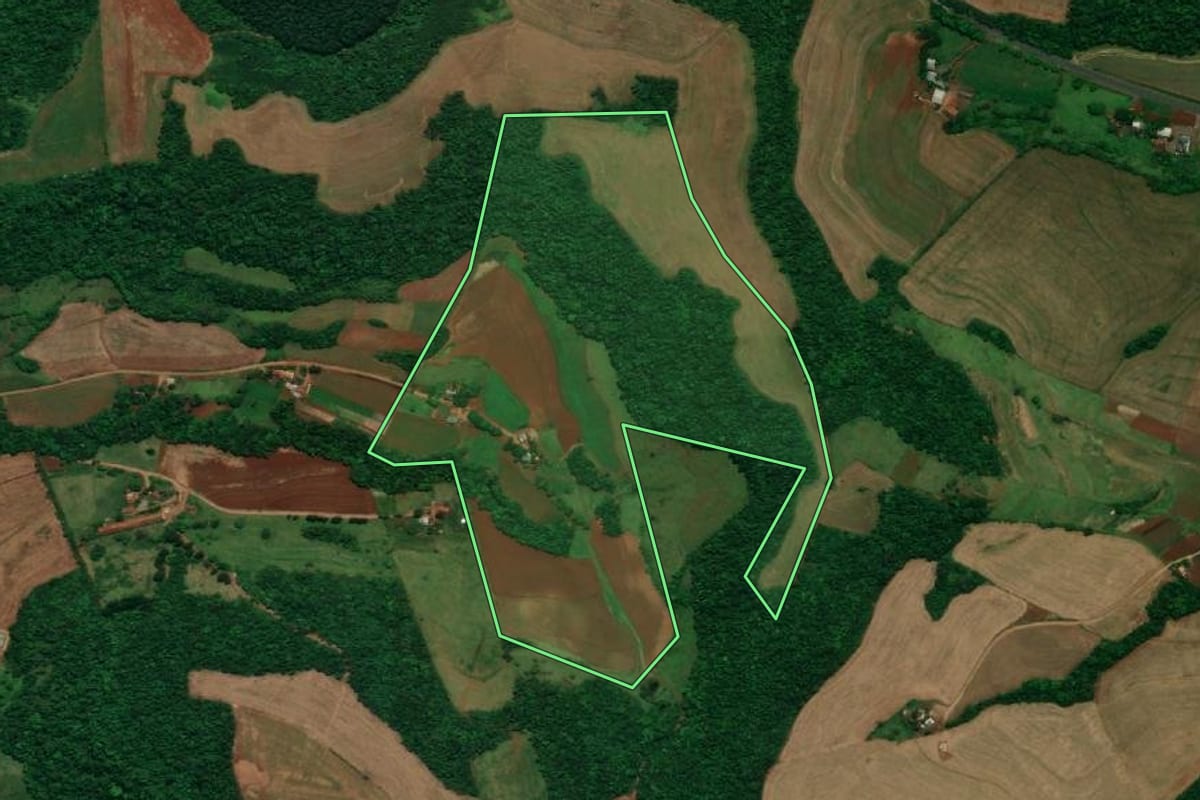 Imagem de satélite do imóvel rural em Capanema (PR), com o contorno declarado no CAR desenhado por cima.