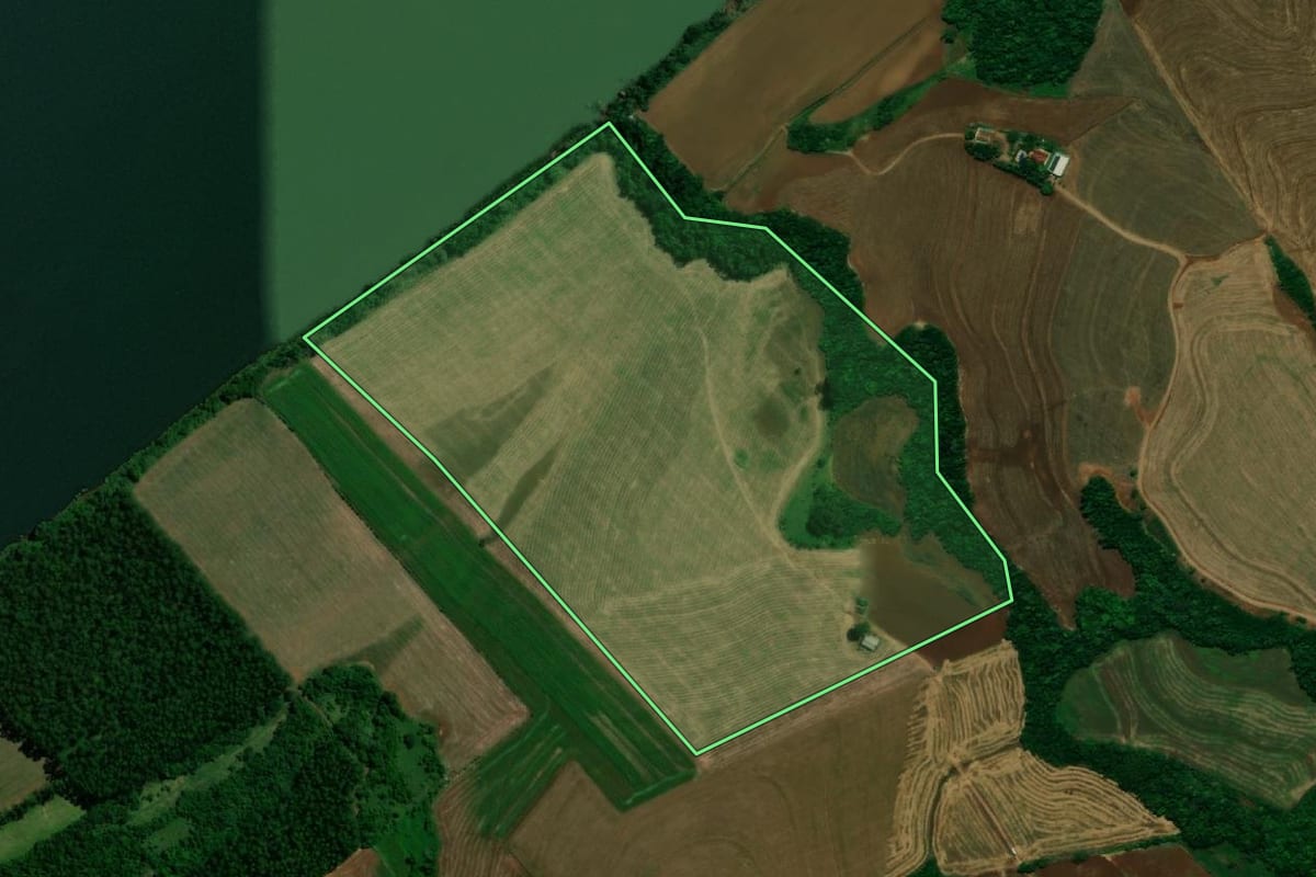 Imagem de satélite do imóvel rural em Capanema (PR), com o contorno declarado no CAR desenhado por cima.