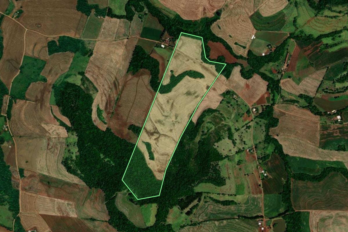 Imagem de satélite do imóvel rural em Capanema (PR), com o contorno declarado no CAR desenhado por cima.