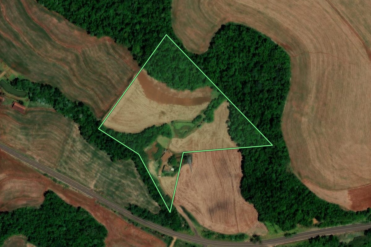 Imagem de satélite do imóvel rural em Capanema (PR), com o contorno declarado no CAR desenhado por cima.