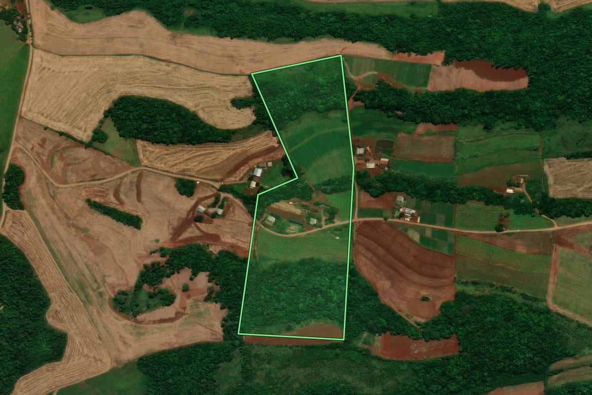 Imagem de satélite do imóvel rural em Capanema (PR), com o contorno declarado no CAR desenhado por cima.