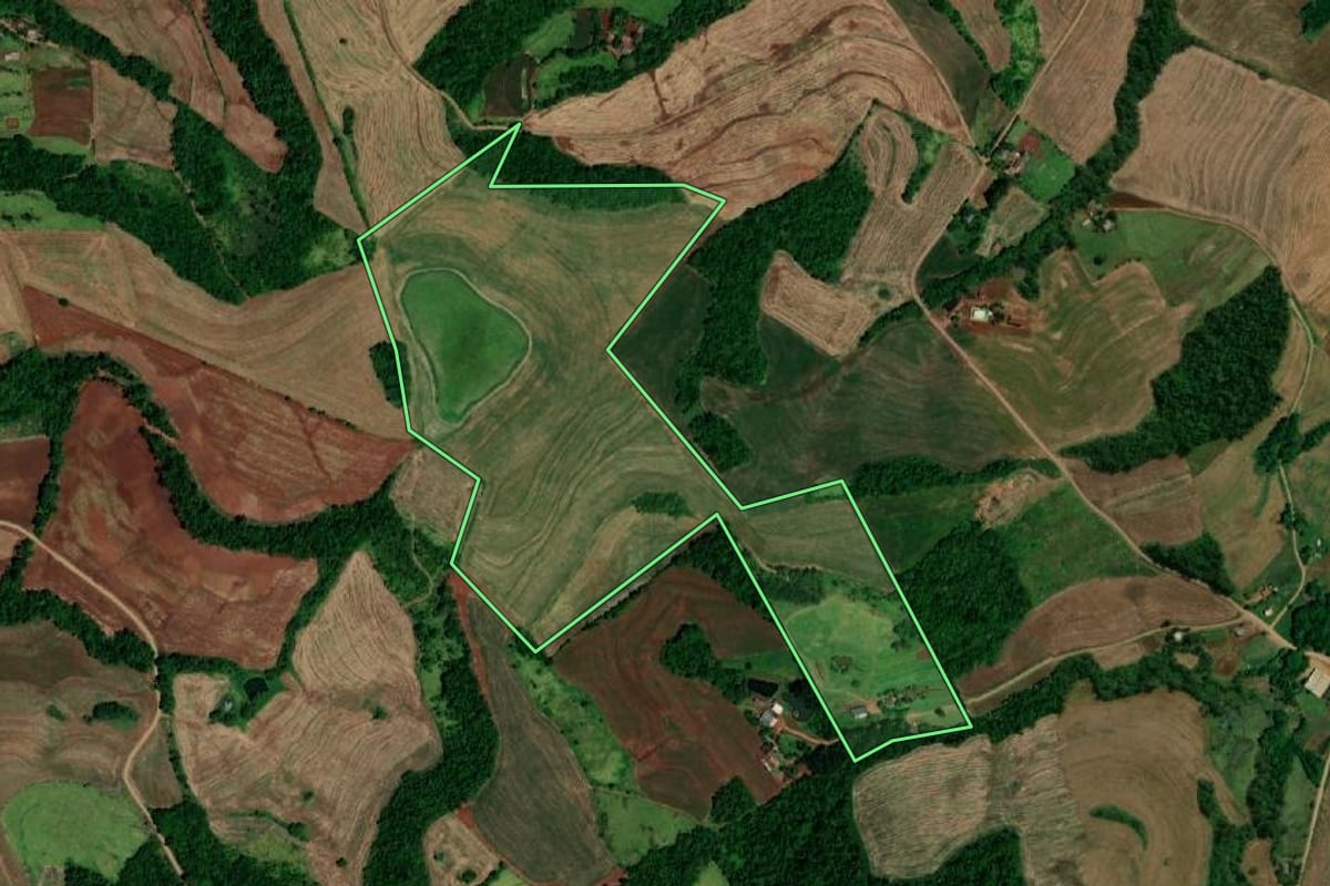 Imagem de satélite do imóvel rural em Capanema (PR), com o contorno declarado no CAR desenhado por cima.