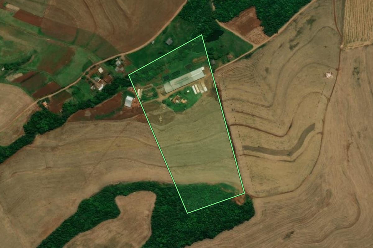 Imagem de satélite do imóvel rural em Capanema (PR), com o contorno declarado no CAR desenhado por cima.