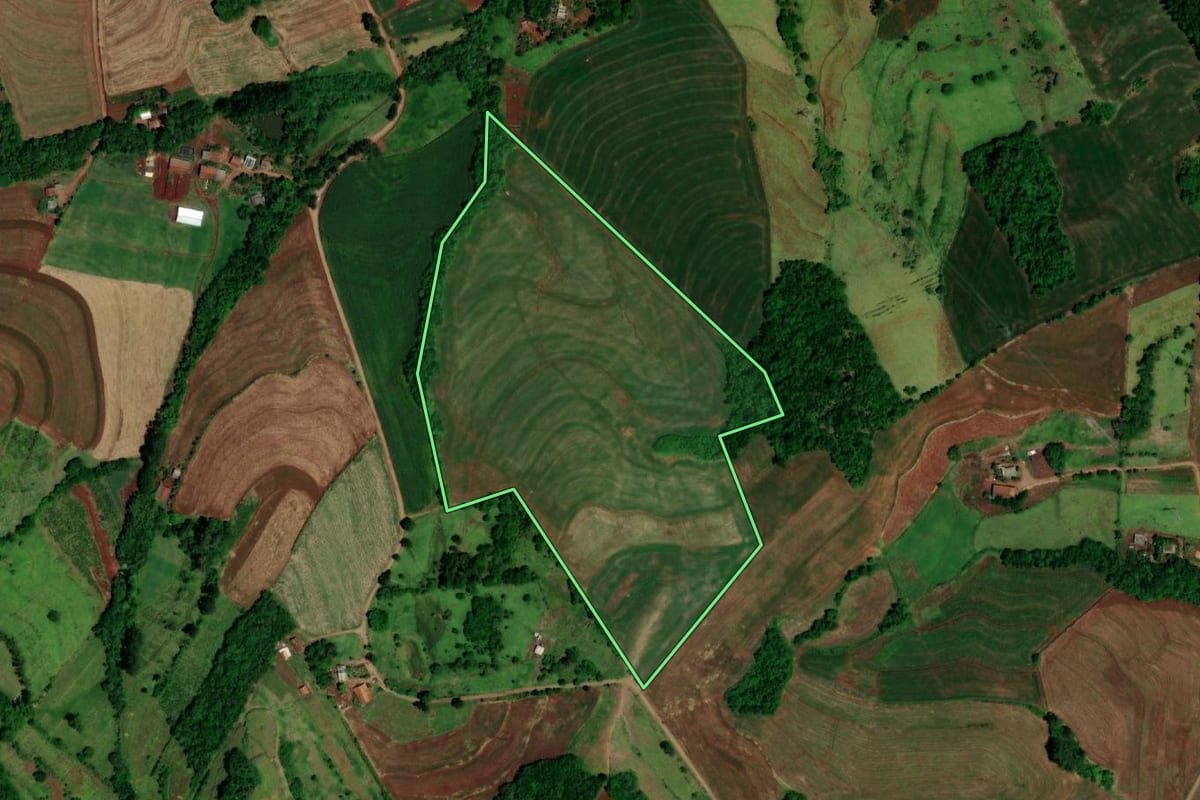 Imagem de satélite do imóvel rural em Capanema (PR), com o contorno declarado no CAR desenhado por cima.