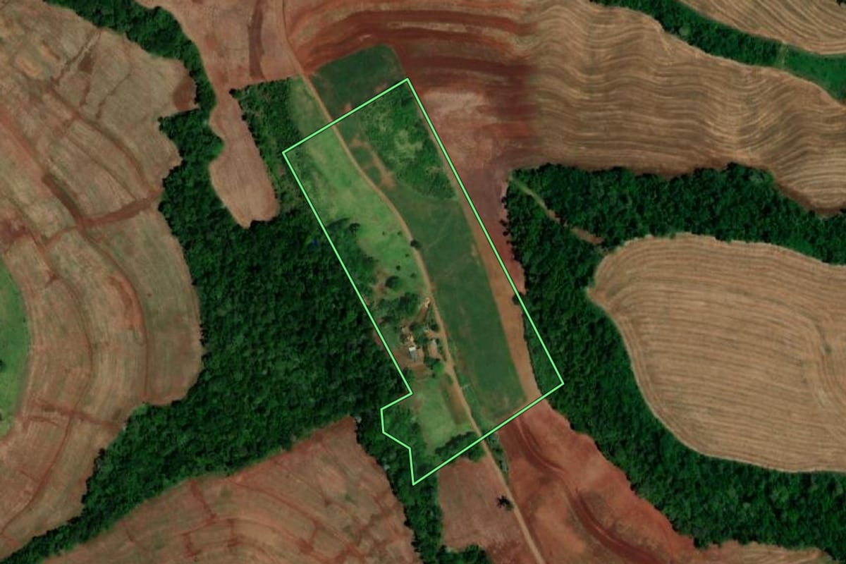 Imagem de satélite do imóvel rural em Capanema (PR), com o contorno declarado no CAR desenhado por cima.