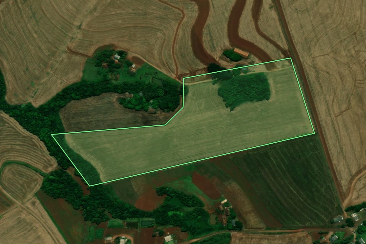 Imagem de satélite do imóvel rural em Capanema (PR), com o contorno declarado no CAR desenhado por cima.