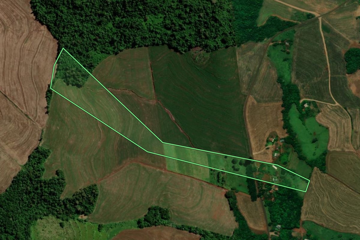 Imagem de satélite do imóvel rural em Capanema (PR), com o contorno declarado no CAR desenhado por cima.