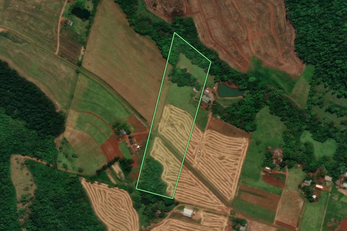 Imagem de satélite do imóvel rural em Capanema (PR), com o contorno declarado no CAR desenhado por cima.