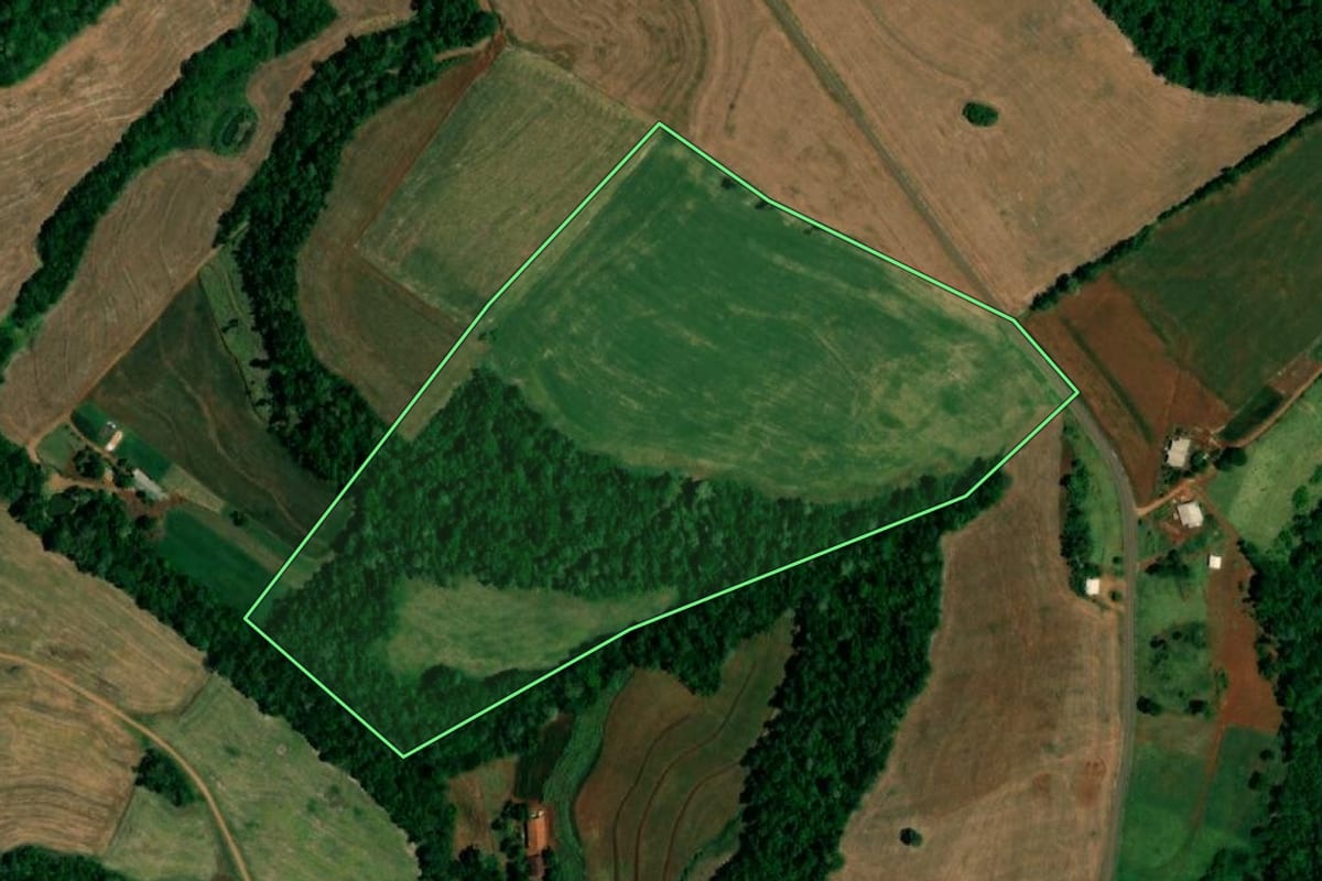Imagem de satélite do imóvel rural em Capanema (PR), com o contorno declarado no CAR desenhado por cima.