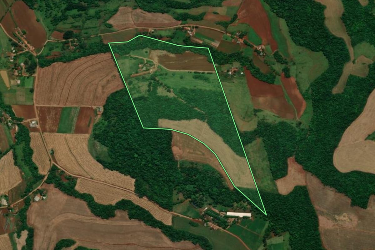 Imagem de satélite do imóvel rural em Capanema (PR), com o contorno declarado no CAR desenhado por cima.