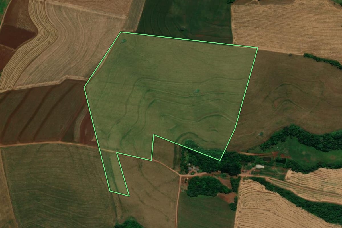 Imagem de satélite do imóvel rural em Capanema (PR), com o contorno declarado no CAR desenhado por cima.