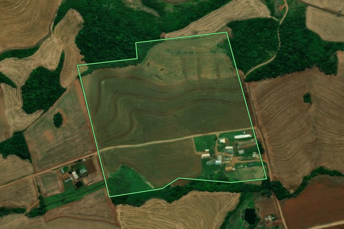 Imagem de satélite do imóvel rural em Capanema (PR), com o contorno declarado no CAR desenhado por cima.