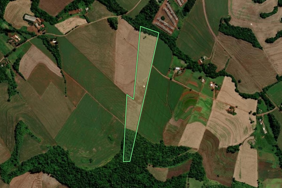Imagem de satélite do imóvel rural em Capanema (PR), com o contorno declarado no CAR desenhado por cima.