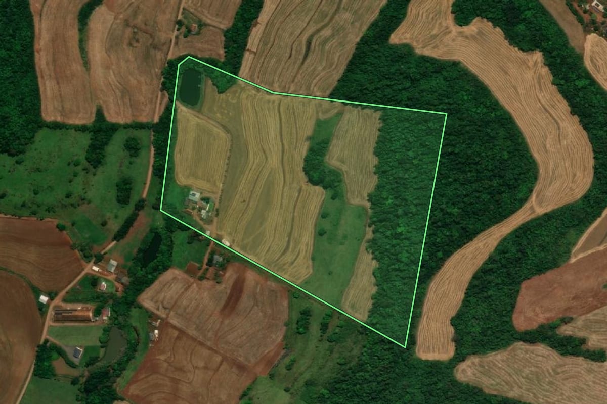 Imagem de satélite do imóvel rural em Capanema (PR), com o contorno declarado no CAR desenhado por cima.