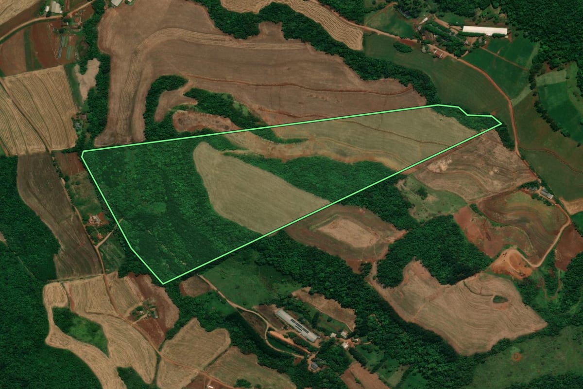 Imagem de satélite do imóvel rural em Capanema (PR), com o contorno declarado no CAR desenhado por cima.