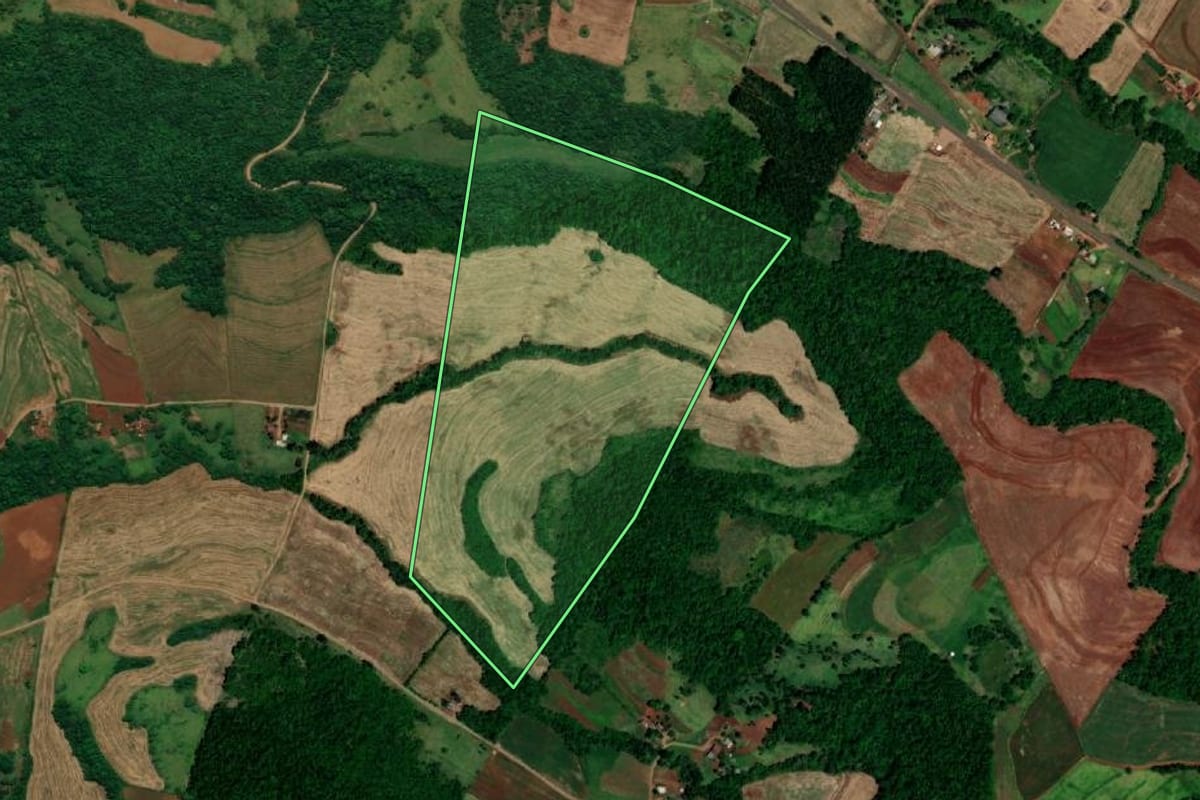 Imagem de satélite do imóvel rural em Capanema (PR), com o contorno declarado no CAR desenhado por cima.