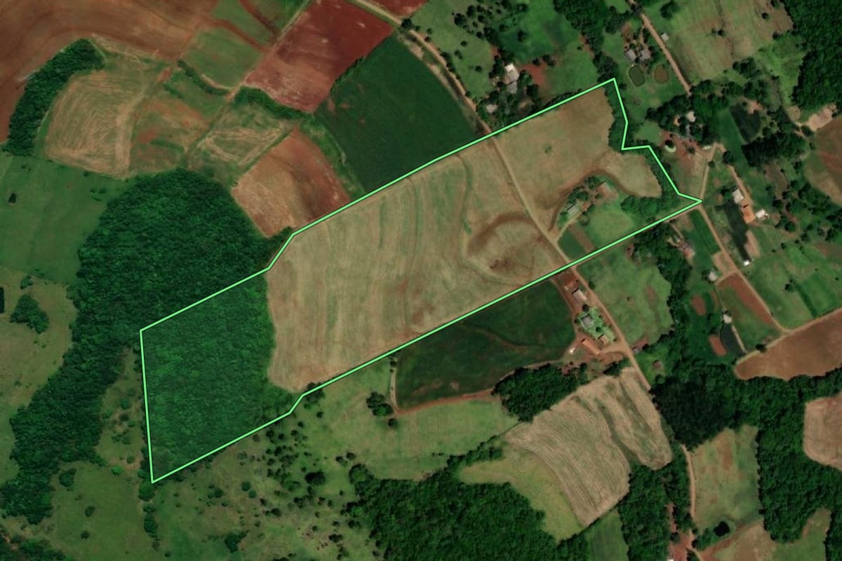 Imagem de satélite do imóvel rural em Capanema (PR), com o contorno declarado no CAR desenhado por cima.
