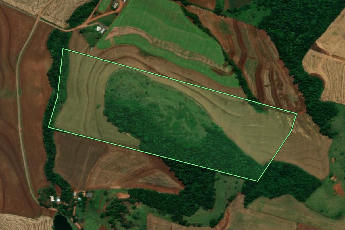 Imagem de satélite do imóvel rural em Capanema (PR), com o contorno declarado no CAR desenhado por cima.